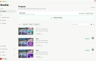 ZoneClip Projects workspace with local gameplay recordings ready for clipping, editing, rendering, and publishing.