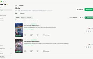ZoneClip clip results with ranked Fortnite highlights, scores, source ranges, suggested copy, duration, and publishing status.