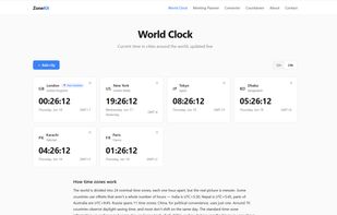 Live world clock — add any city, see current time and date update every second. Multiple cities side-by-side; 12h/24h toggle; preferences remembered between visits.