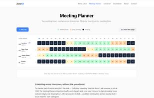 Visual meeting planner — colour-coded grid shows working-hour overlap across cities at a glance. Green for working hours, yellow for early/late, dark for sleep.