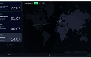 world map, timezone, clock card. main page dark mode