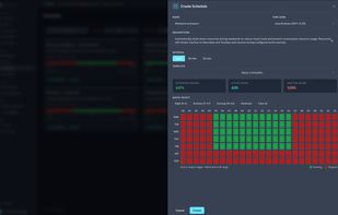 Schedule editor define cron-based start/stop windows for non-production resources. Green blocks indicate running, red blocks indicate scheduled stop.