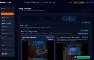 Generated video clips and preview in the story-to-video workspace.
