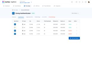 Manage all Android and iOS app releases from one place. View build versions, download counts, release and expiry dates, file types, and quickly publish new releases or manage existing ones.