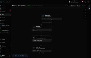 Zyan CRM automation editor — public demo workspace showing lead routing, acknowledgment and a follow-up task.