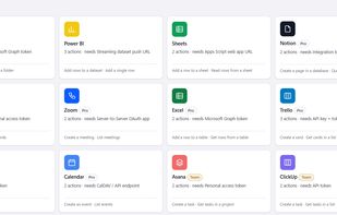 Connectors for the apps you already use, each listing its available actions and what credentials it needs. Free, Pro and Team tiers are marked on the tile.