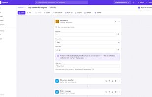 The visual flow designer: a Recurrence trigger feeding a weather lookup and a Telegram message. Scheduled flows run on Zymura's servers, so they fire whether or not the app is open.