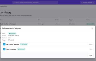 Run history records every execution with its trigger, duration and per-step outcome, so you can see exactly where a flow succeeded or failed.