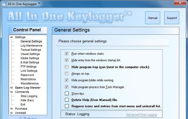 All In One Keylogger Settings screen.