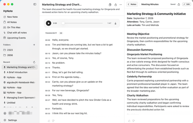 HyNote for Mac showing a recorded meeting transcript alongside structured meeting minutes, decisions, and action items.