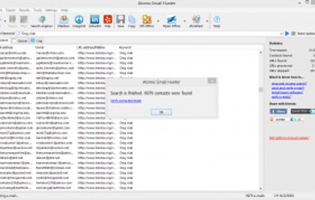 The main program interface is presented as a search field and search log with extracted results.