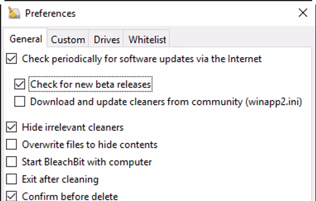 BleachBit 1.9.3 on Windows 10 showing the Preferences dialog
