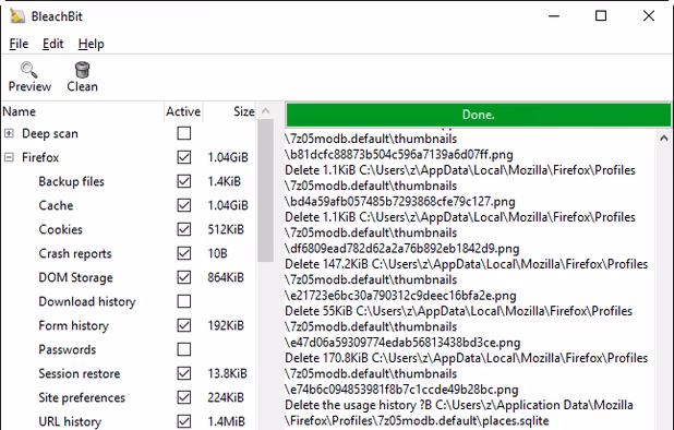 BleachBit 1.9.3 on Windows 10 showing Firefox preview