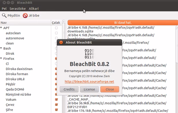 BleachBit 0.8.2 on Ubuntu 10.10 (Kurdish translation)