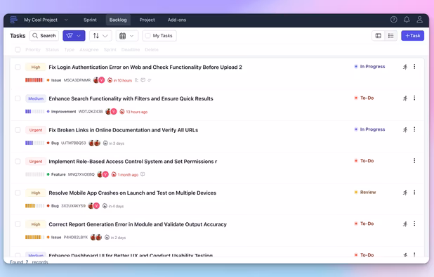 Backlog Tasks List