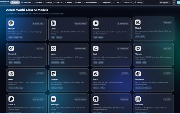 Supported AI models page showing access to providers such as OpenAI, Claude, Gemini, DeepSeek, Qwen, Mistral, Llama and more.
