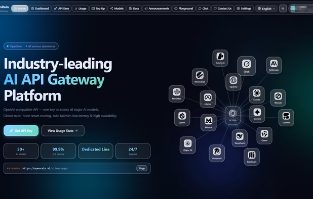 OpenRain homepage introducing the OpenAI-compatible AI API gateway and unified access to major AI models.