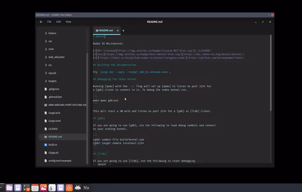 Redox OS running COSMIC Editor
