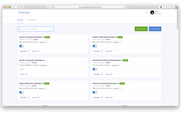 Alias management dashboard.