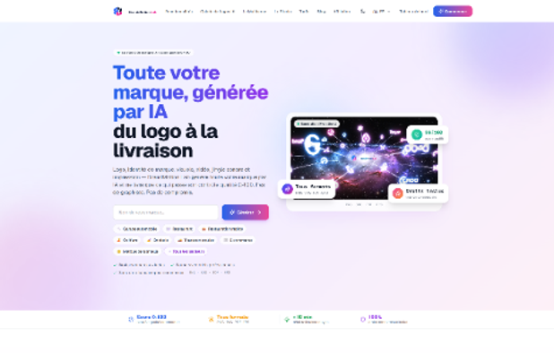 BrandMotion Lab homepage showcasing the AI-powered brand production platform, with logo generation, visual identity tools and generated brand examples.
