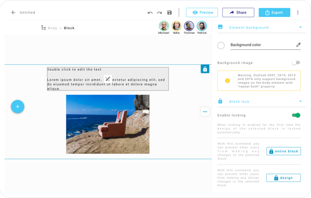 lock design parts or the entire content of an email module (block)