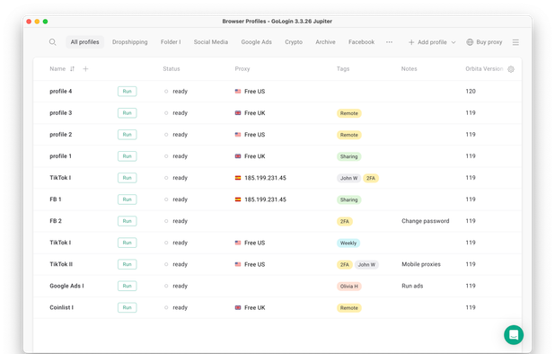 Main screen of GoLogin set up for social media work.