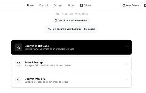 Seed-Vault: Encrypt your seed phrase into an AES-256 QR code — free ...