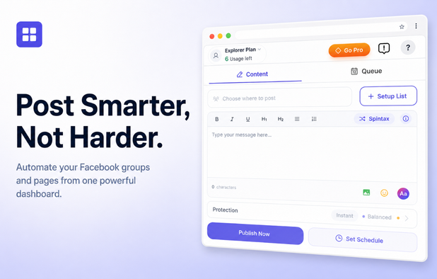 The MultiGroupPoster dashboard: write one post and publish it to multiple Facebook groups and pages from a single screen — with Spintax, text formatting, media, and a choice of Publish Now or Set Schedule.