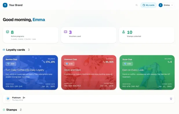 A customer wallet with every card in one place, plus points and stamps