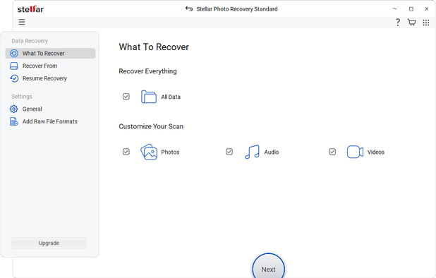 Select the type of data that you want ot recover and click 'Next'