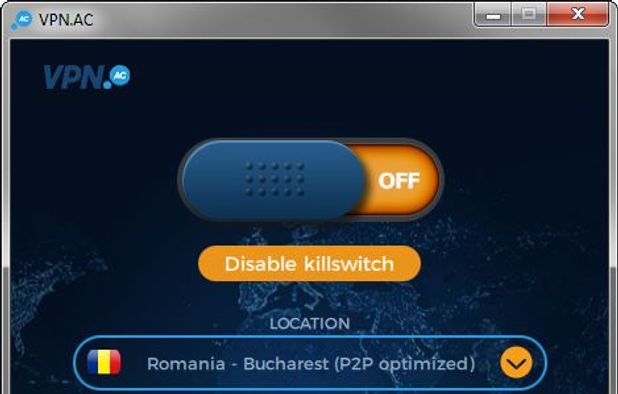VPN.ac Client Software - Connect tab - Disconnected state with kill switch activated
